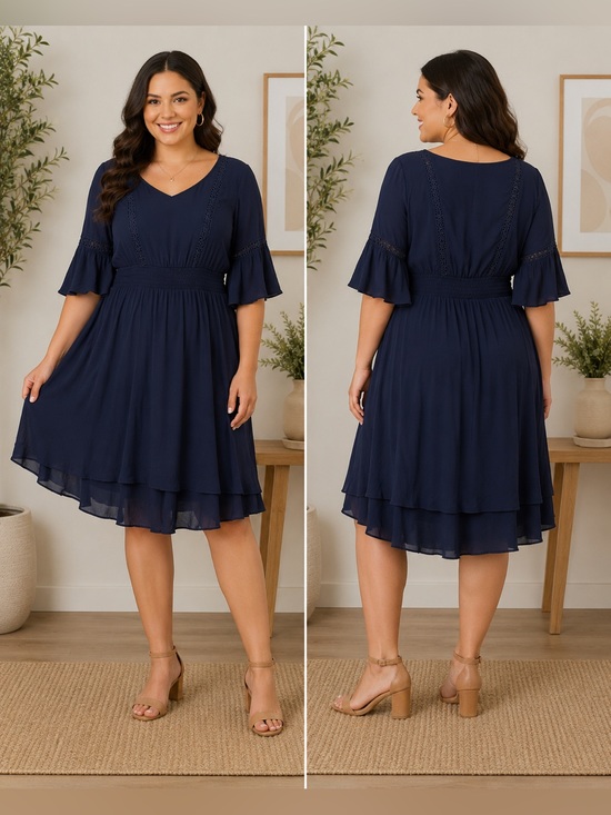 torrid Dresses & Skirts - Torrid Women’s Size 2 Navy Blue Dress V Neck Ruffle Sleeve Smocked Waist Flowy